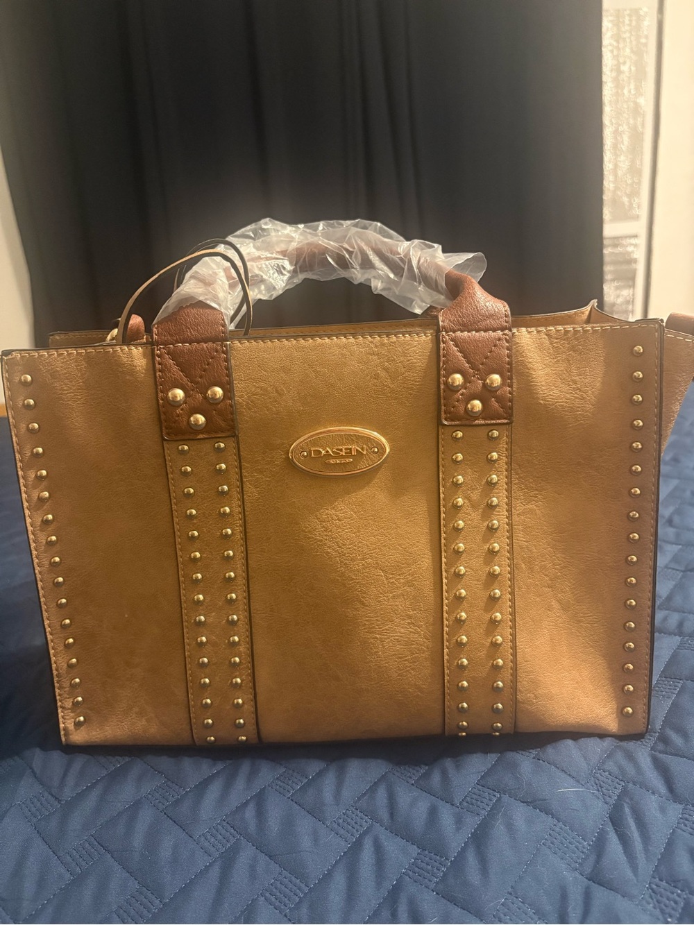 Dasein Tan Studded Satchel with Dual Top Handles